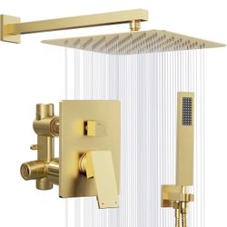Sistema de ducha dorado, cabezal de ducha cuadrado de 10 pulgadas con rociador combinado de mano, juego de grifo de ducha dorado cepillado con válvula
