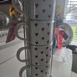 Set Of 4 Heart Pattern Coffee Mugs 13oz