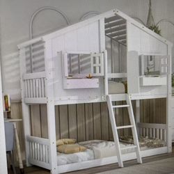 Twin Over Twin House Bunk Bed with Roof, Window