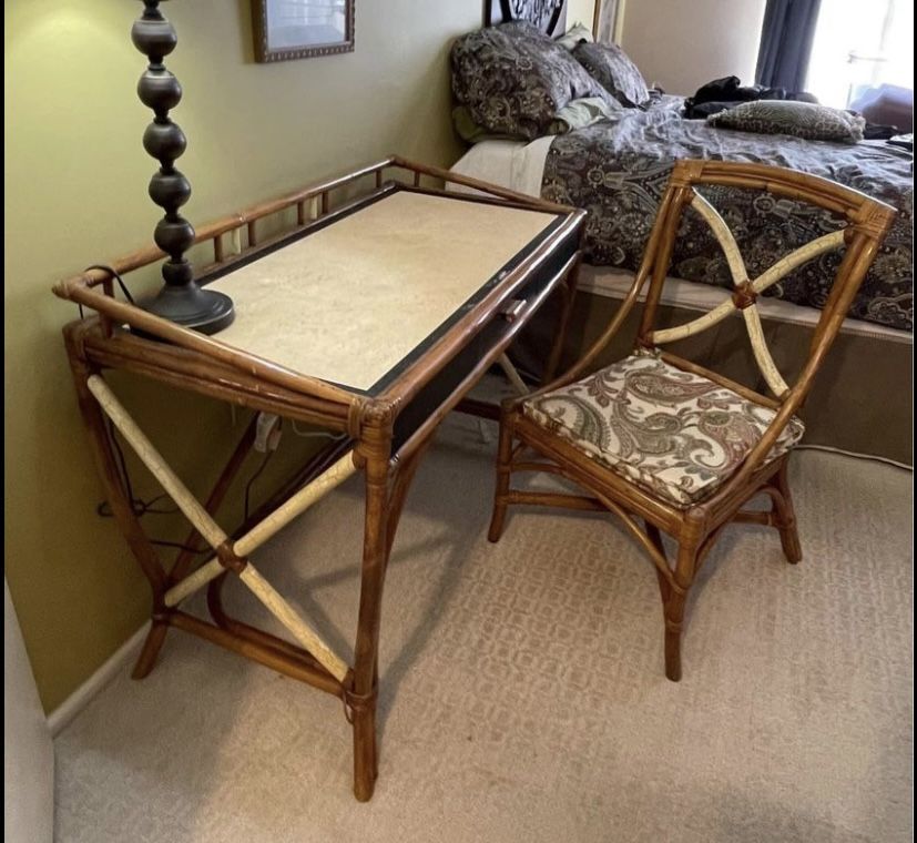 Vintage Rattan / Wicker Desk W Matching Chair 