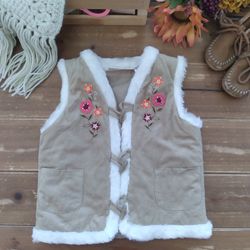 3T TAN FAUX SUEDE & FUR LINED EMBROIDERED FLORAL VEST