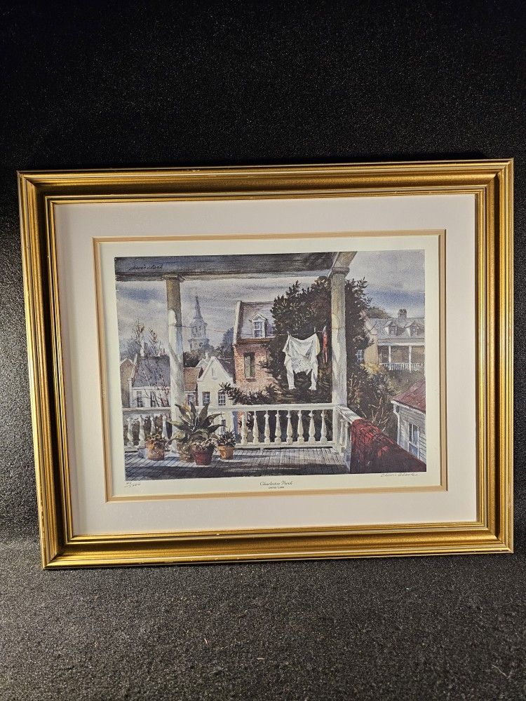 Rare Vintage 1980s Charleston Porch Chevis Clark Pencil Signed & Numbered Low #40/1000 Framed Print