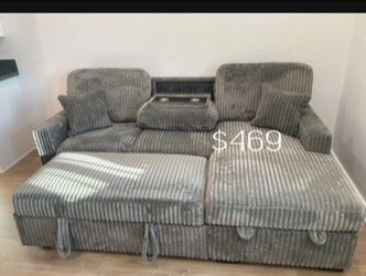 Elegant 2-Pc Light Gray Corduroy Sectional Sofa With Pullout Bed, Storage, & USB Port