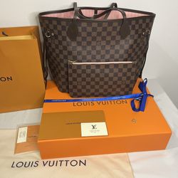 100% Authentic Louis Vuitton Neverfull MM – Damier Ebene with Rose Ballerine Interior