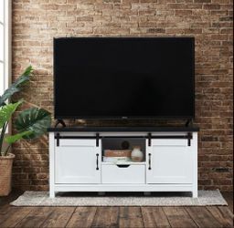 LuxenHome Farmhouse TV Stand w/ Sliding Barn Doors – White/Brown (Parts Missing)