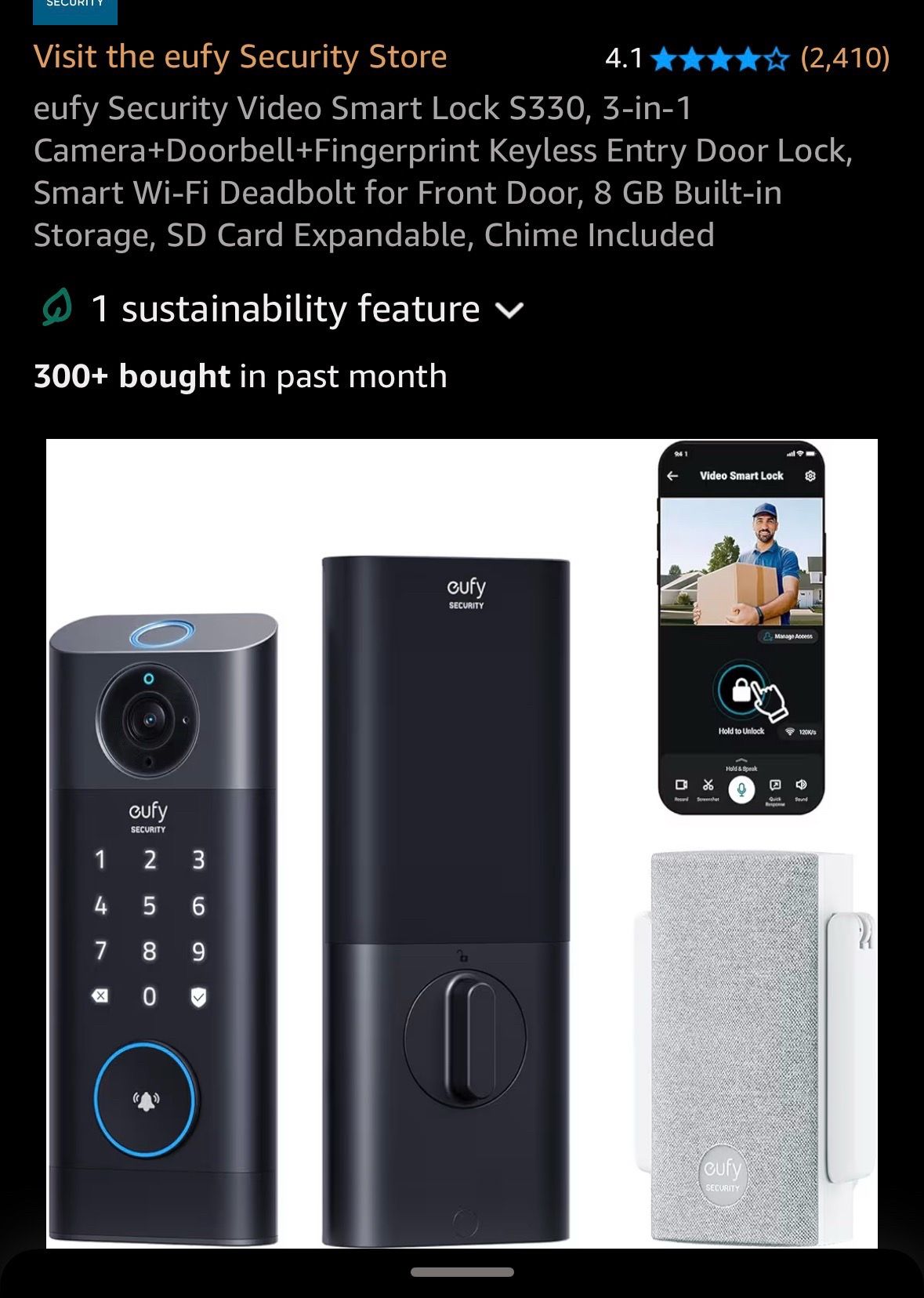eufy Security Video Smart Lock S330, 3-in-1 Camera+Doorbell+Fingerprint Keyless Entry Door Lock, Smart Wi-Fi Deadbolt for Front Door, 8 GB Built-in St