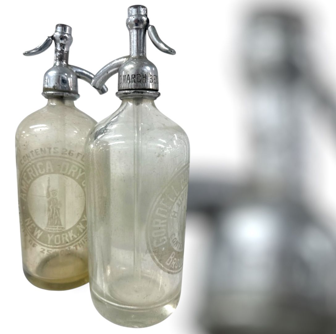 Two Vintage / Retro Siphon Seltzer Clear Glass Bottles - NY - Rare Collectible