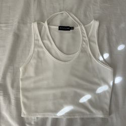 Prettylittlethings WHITE RIB DOUBLE LAYER CUT OUT CROPPED TANK