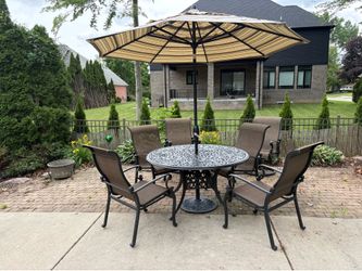 Cast Aluminum Patio Dining Set - 6 Chairs, Swivel Rockers & Umbrella