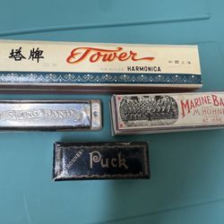 Lot Of 4 Harmonicas M Hohner Puck Marine Band And Swing Band 