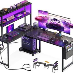 L Shaped Desk Gaming Desk with LED Light & Power Outlet, 61 Inch Reversible L Shaped Computer Table with Shelf & Storage Bag & Hook for Hom