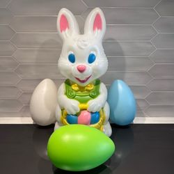 Vintage General Foam Co light up Easter bunny blow mold w/ 3 vintage blow mold eggs.   Easter bunny is approx 19” tall x 9” across the bottom and has 