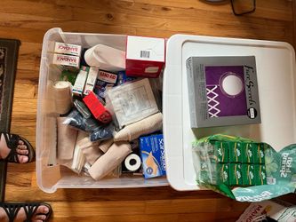 Free medical supplies (bandages, gauze, wraps) new mirror and unopened soap.