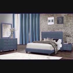 MODERN   Queen Size Blue  Four Piece Bedroom Set. Mattress sold separately 