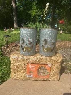 Halloween Straw Bale & 2 Galvanized Steel Light up Jack-o-Lanterns 9” Requires AA Batteries