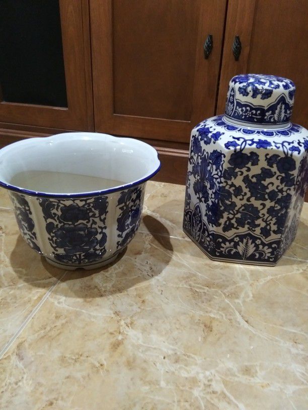 Set Of Blue And White Vase & Flower Pot Asian Inspired