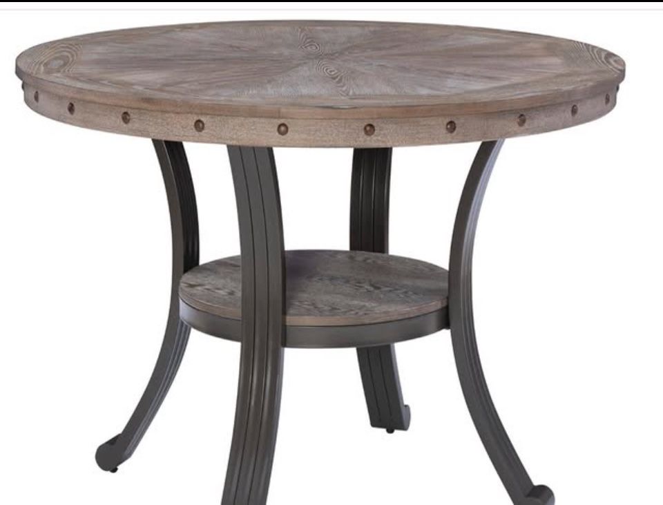 New! Pewter Metal and Rustic Solid Wood 45” Round Table w/Nailheads