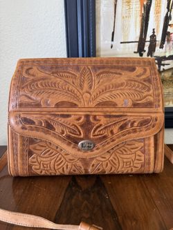Vintage 1970’s Flores Leather Tooled Embossed Floral Bag - Satchel Crossbody 