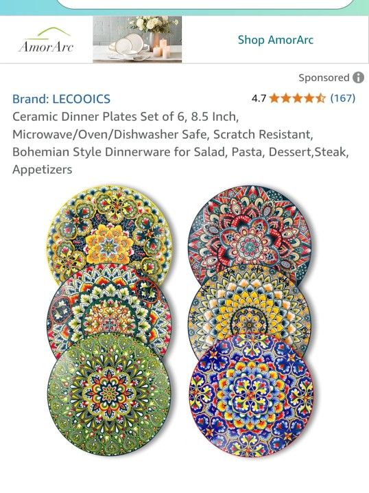 LECOOICS Ceramic Dinner Plates Set of 6, 8.5 Inch, Microwave/Oven/Dishwasher Safe, Scratch Resistant, Bohemian Style Dinnerware for Salad, Pasta, Dess