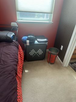 Metal race car bed with nightstand