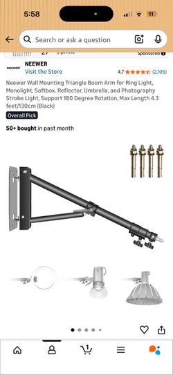 Neewer Wall Mounting Triangle Boom Arm for photography lighting equipment. Compatible with ring light