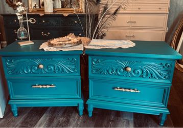 Gorgeous Peacock Teal & Gold  Matching Nightstands