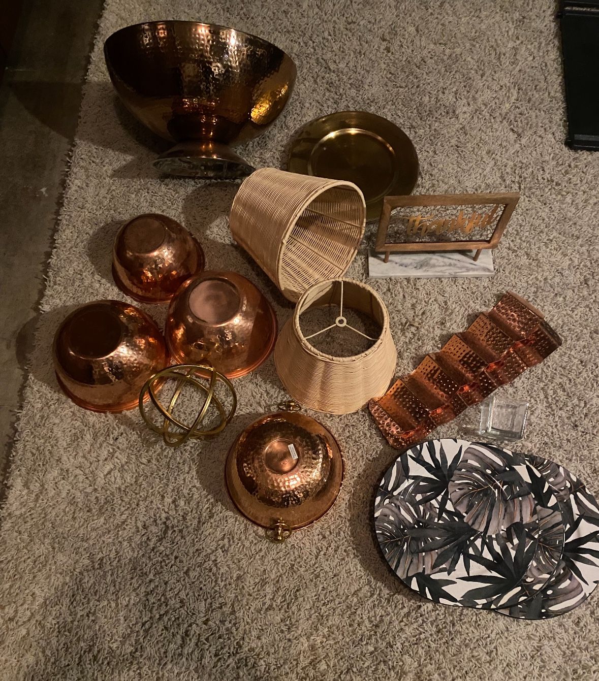 Copper bowls, Ice Buckets Wine Racks Chargers Lamp Shades