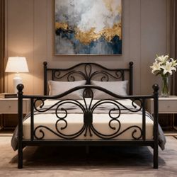 Queen Metal Platform Bed with Butterfly-style headboard and Footboard, Under-Bed Storage, Easy Assembly, Black $90