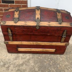 Antique  Wood Trunk With Metal Trim