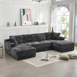U-Shaped Corduroy Sectional Sofa with Cup Holders