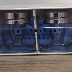 Pottery Barn Monterey Salt & Pepper Set Cobalt Blue Glass with Stainless Lids