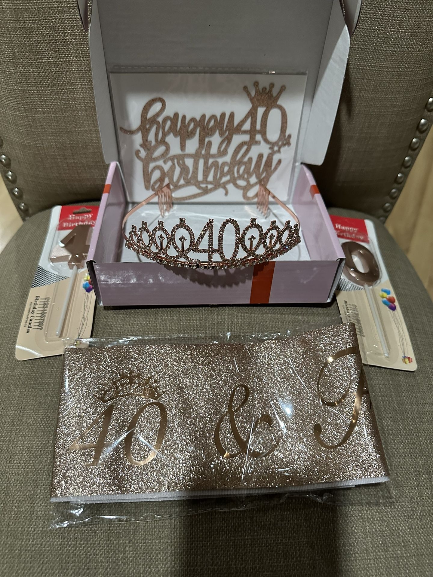 Happy 40th Birthday Set: Crown, Sash, Candles, Sticker Rose Gold Color