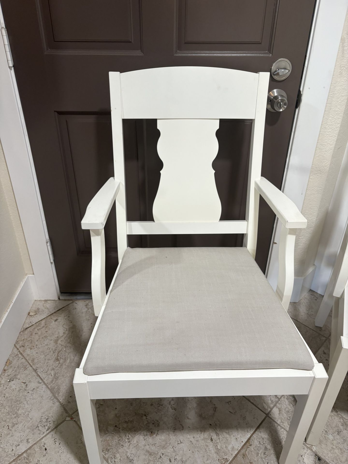 Set of 4 White Wood Dining Chairs with Armrests & Neutral Cushions