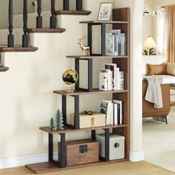 Modern 5-Tier L-Shaped Bookshelf – Rustic Brown