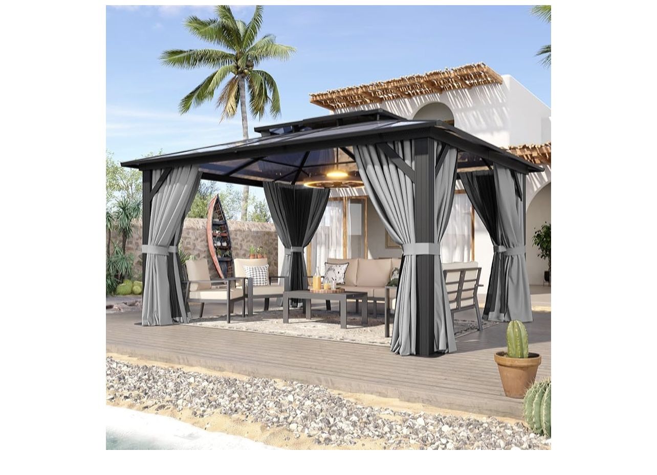 New In Box, 12x14 Polycarbonate Hardtop Gazebo With Curtain And Netting 