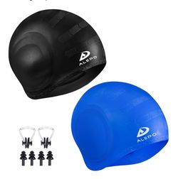2 Pack Unisex Swim Caps with 3D Ear Protection, Durable Flexible Silicone Swimming Hats for Women Men Kids Adults, Bathing Swimming Caps for Short/Lon