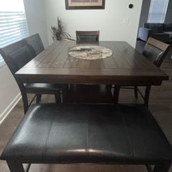 Square Wooden Dining Table Set with 4 Chairs & Bench – Built-in Lazy Susan!