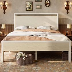 14 Inch Queen Metal Platform Bed Frame with Wooden Headboard and Footboard, No Box Spring Needed, Large Under Bed Storage, Heavy Duty Slats Support, W