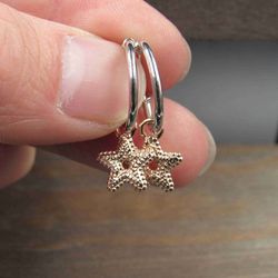 Sterling Silver Small Gold Plated Starfish Hoop Dangle Earrings
