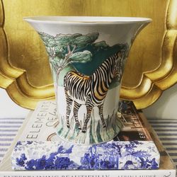 RARE Vintage 8” H Hand Painted Zebra Safari Vase from Oriental Accents by the Jena Hall Collections