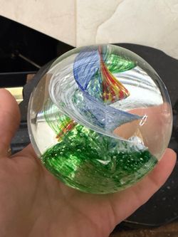 Hand-blown Art glass paperweight vibrant multi colored ribbon swirl 3.5”