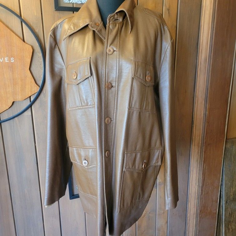 Vintage Kentfield 1960s Faux Leather Vinyl Jacket Trench Sz XL Brown