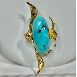 Vintage 18KT Yellow Gold Turquoise Fish Brooch /Pin