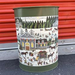 Vintage Charles Wysocki Tin Waste Bin Trash Can - Winter Village Landscape Green Christmas Holiday