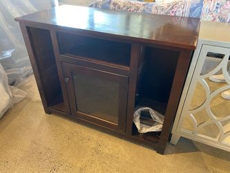 Dark Wood Media Console with Glass Door and Open Shelves