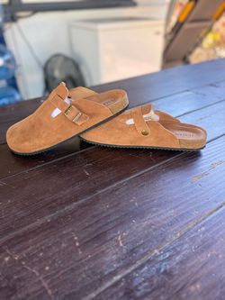 ZUSERIS Men's Suede Leather Cork Clog Slide Slippers Tan Size 46