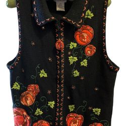 Vintage Halloween Pumpkin Sweater Vest Embroidered By White Stag