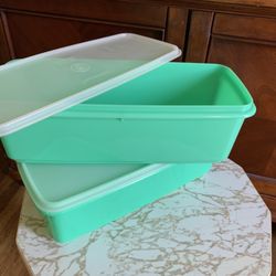 2 vintage rectangular Tupperware containers in a jadeite green color are classified as collectible 