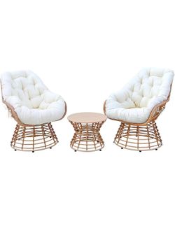 New in box! 3-Pieces Outdoor Patio Swivel Chair 360 Degree Swivel Wicker Bistro Set with Thick Cushions Rattan Chairs Conversation Set with Coffee Tab