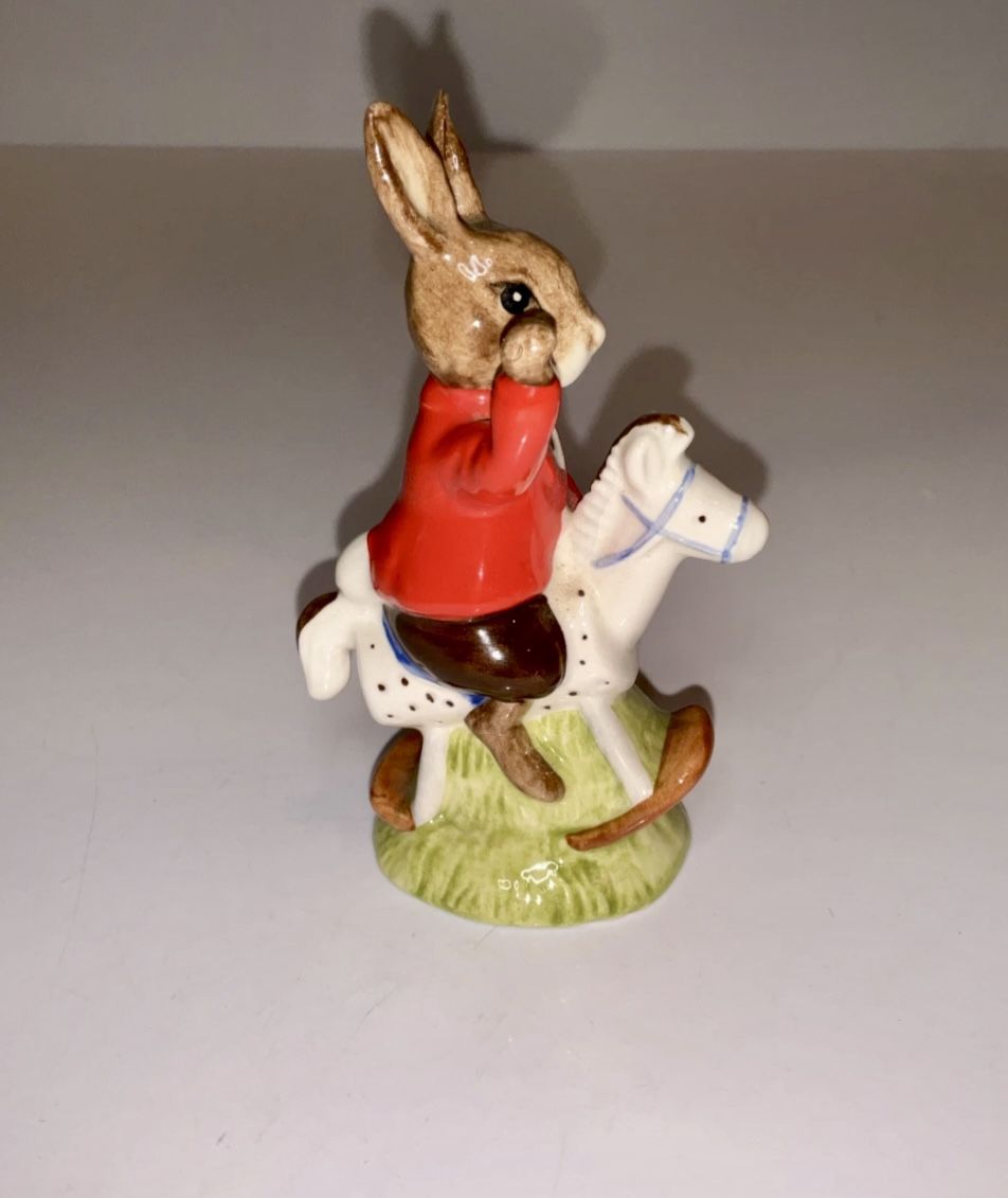 Royal Doulton DB 69 "Tally Ho" William Bunnykins on Spotted Rocking Horse Red